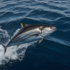 Fototapeta premium Fische - Eleganter Thunfisch in freier Wildbahn A beautiful bluefish swimming in a sea of white foam with blue waters. Tiger up close Fische - Eleganter Thunfisch in freier Wildbahn