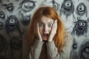 Young Woman in Panic Covering Ears, Haunted by Shadow Monsters Around Her. Generative AI