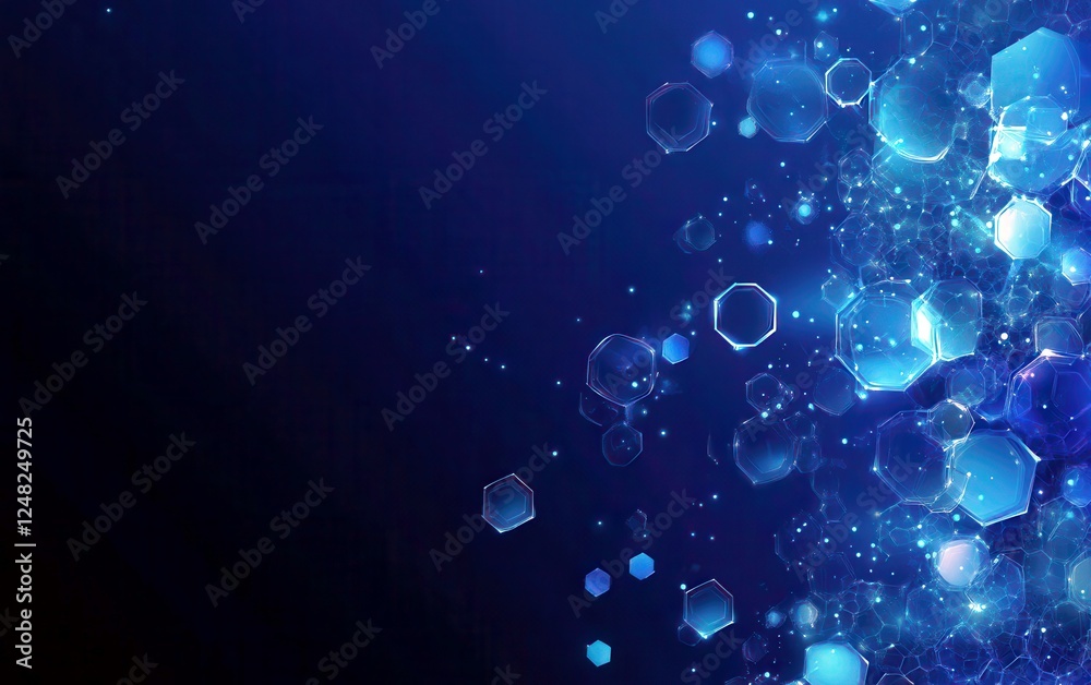 Poster abstract blue background with shimmering hexagons and glowing circles creating a modern technology-i