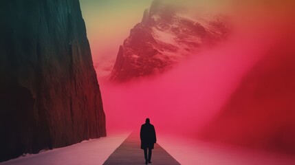 A solitary figure walks along a pathway between imposing rock formations amidst a mysterious colorful and atmospheric landscape