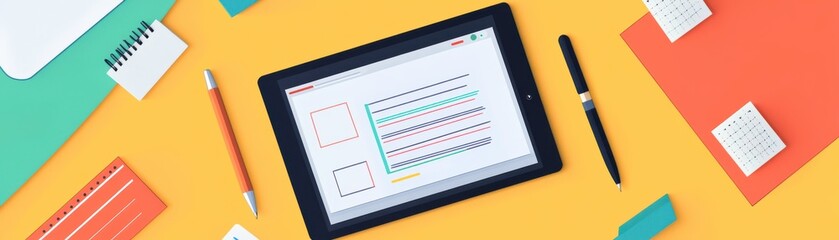 A vibrant workspace featuring a tablet displaying colorful text, surrounded by stationery items and a bright yellow background.