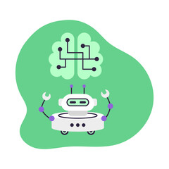 Robot and Brain with chips on green background. Concept of health and artificial intelligence. Isolated vector illustration.