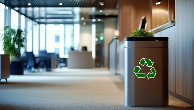 Modern office interior showcasing recycling bin with green symbol in a sustainable and eco-friendly workspace environment promoting waste management