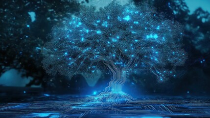 Glowing digital tree, dark forest, circuit background, technology concept