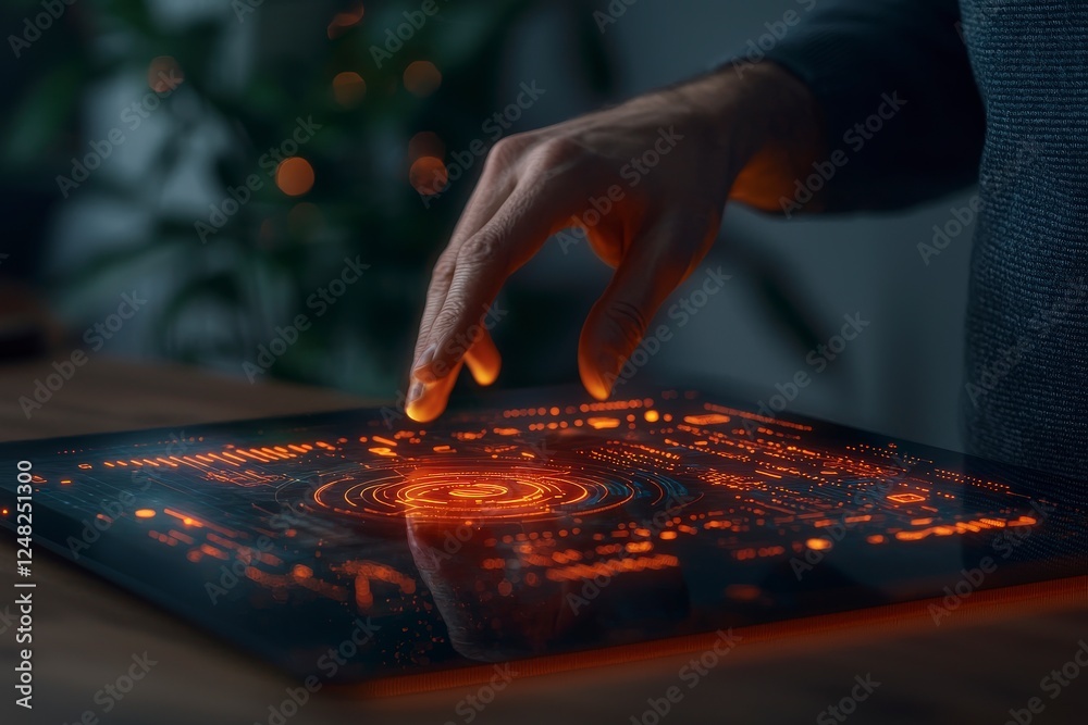 Poster hand interacting with futuristic touchscreen display of advanced tech interface and digital data vis