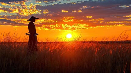 Warrior at Sunset: A Silhouette of Peace in a Golden Field. The sun dips below the horizon, casting a warm glow on the serene landscape.