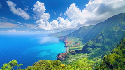 Obraz premium Breathtaking Coastal Landscape with Lush Mountains