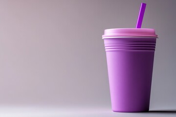 Purple takeaway cup, straw, studio backdrop, beverage mockup