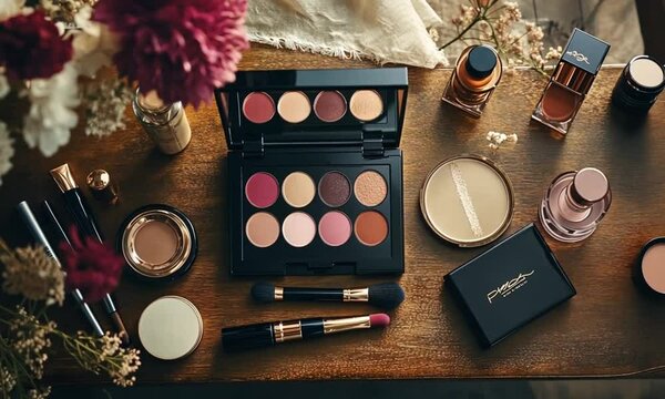 Luxurious Makeup Palette and Accessories on Dark Wood Surface