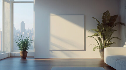 Modern Minimalist Living Space with Large Window and Indoor Plants