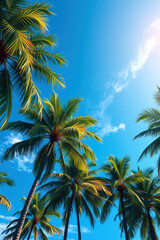 Obraz premium Lush Tropical Palm Trees Against a Bright Blue Sky with Sunlight and Vibrant Green Leaves Creating a Dreamy Exotic Vacation Scene in a Digital Photorealistic Art Style