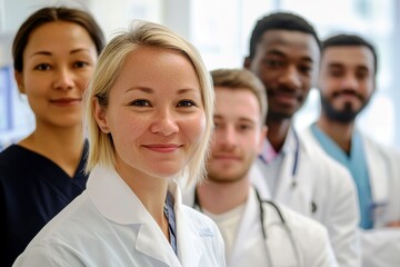 Fototapeta premium Diverse Group of Healthcare Professionals Smiling Together in Modern Medical Facility with Focus on Collaboration and Team Spirit