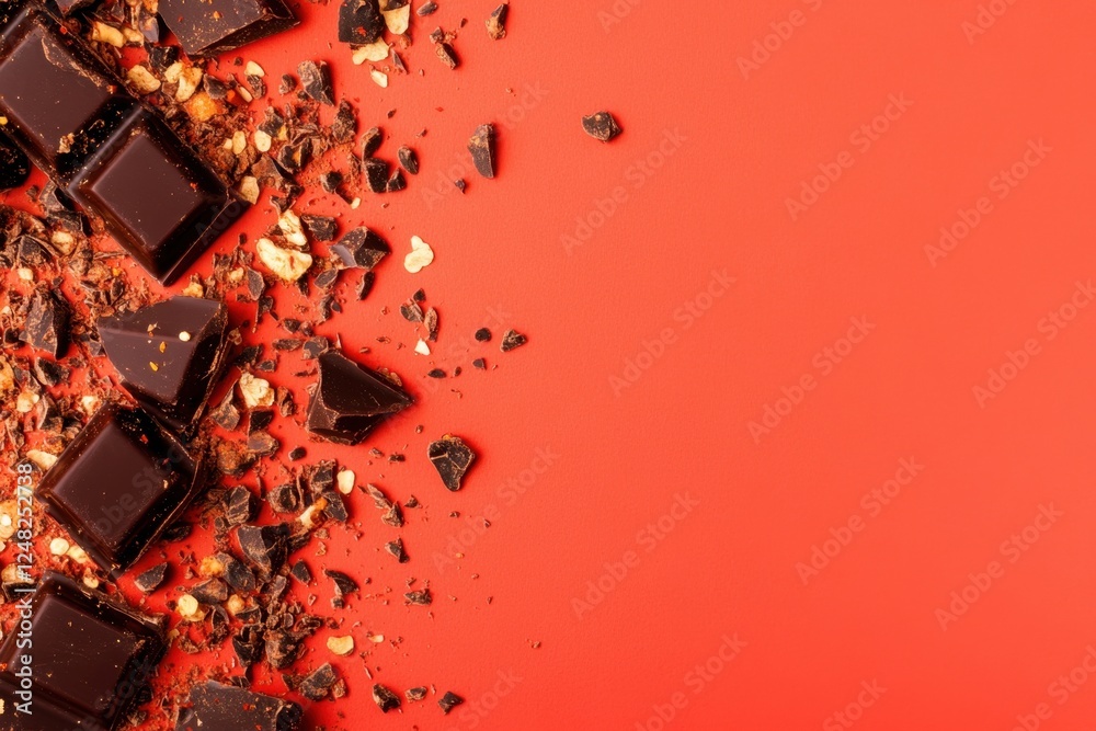 Sticker Delicious dark chocolate chunks with hazelnut pieces on red background