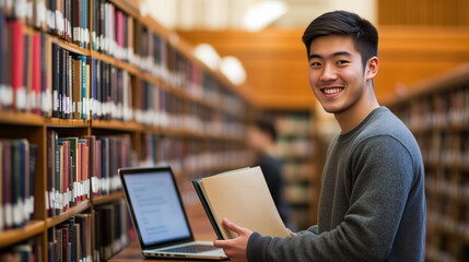 Smiling young man using a laptop in a library