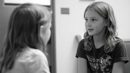 Two children engaging in conversation classroom black and white intimate connection
