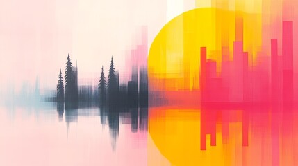 Fototapeta premium Abstract landscape painting of a misty lake reflecting silhouetted trees against a sky dominated by a bright sun or moon