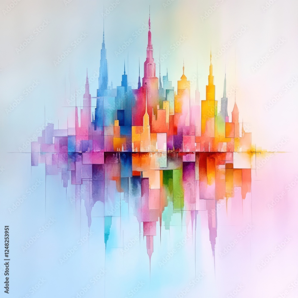 Poster Vibrant Abstract City Skyline Reflection in Watercolor Style with Colorful Gradients and Soft Background