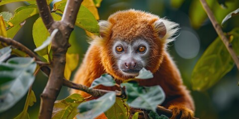Fototapeta premium Close-up of a Red Ruffed Lemur in a Lush Forest
