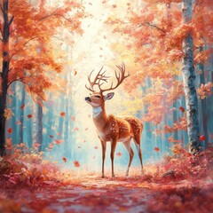 Majestic Deer Standing in Autumn Forest Surrounded by Colorful Leaves and Soft Light in an Enchanting Setting