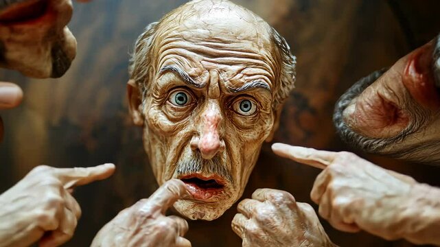 A circle of figures surrounds a distressed man, all pointing accusing fingers. The expressions convey tension and disbelief, capturing a moment of intense scrutiny and judgment.