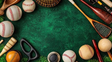 Vintage baseball equipment, green background, frame. Sports memorabilia