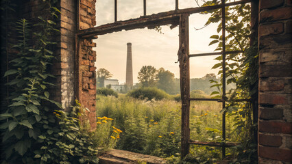 Fototapeta premium Abandoned factory view through broken window, overgrown with nature