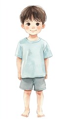 Young Boy in Casual Outfit Smiling with Short Hair and Barefoot