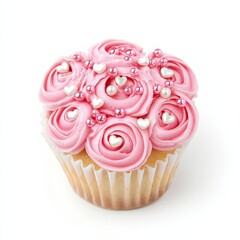 A cupcake with pink frosting rosettes and tiny heart-shaped pearls, on isolated white background