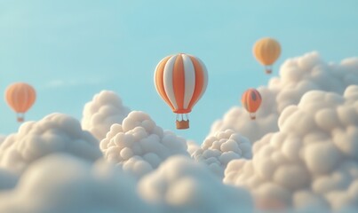 Obraz premium Hot air balloons float above fluffy clouds, a serene sky background; ideal for travel, adventure, freedom concepts