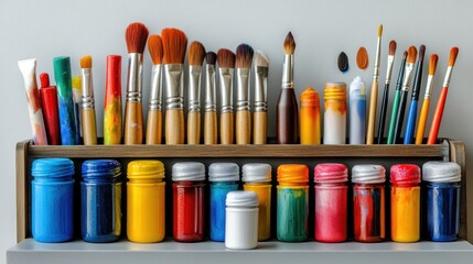 Colorful Paintbrushes and Acrylic Paints Arranged on a Wooden Shelf