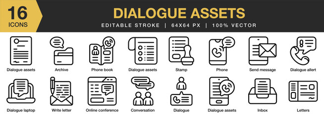 Fototapeta na wymiar Dialogue Assets icon set. Editable Stroke Icon Collection. Includes dialogue, chat, message, talk, speak, and More. Outline icons vector collection.
