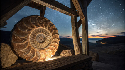 Ancient fossil illuminated under starry sky at dusk, showcasing nature beauty