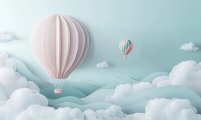 Obraz premium Paper art hot air balloons fly over pastel cloudscape; whimsical travel illustration