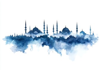 Naklejka premium Watercolor Istanbul skyline with mosques in fog.