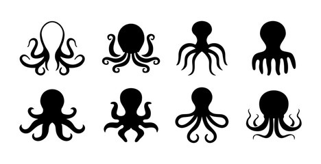 Set of Octopus icon silhouette black logo design isolated