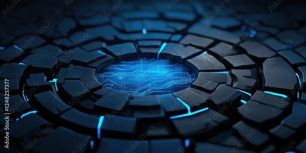 Poster A futuristic circular pattern with glowing blue lines and stone-like tiles, creating a visually striking, tech-inspired design.