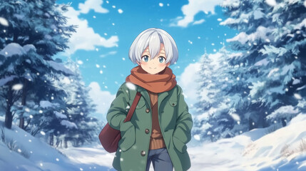 young boy with silver hair and long coat walks through snowy forest, exuding sense of adventure and warmth. snow gently falls around him, creating serene winter scene