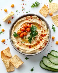 hummus with crackers, vegetables and other snacks on white background. colorful  platter with delicious plant-based dip. perfect for healthy diet.
