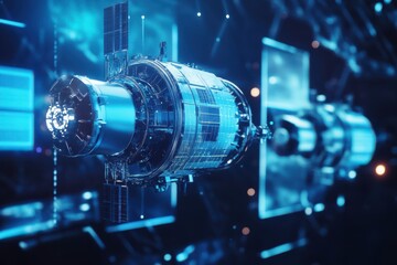 A futuristic spacecraft model is depicted, showcasing intricate details and a glowing design against a dark, tech-inspired background.