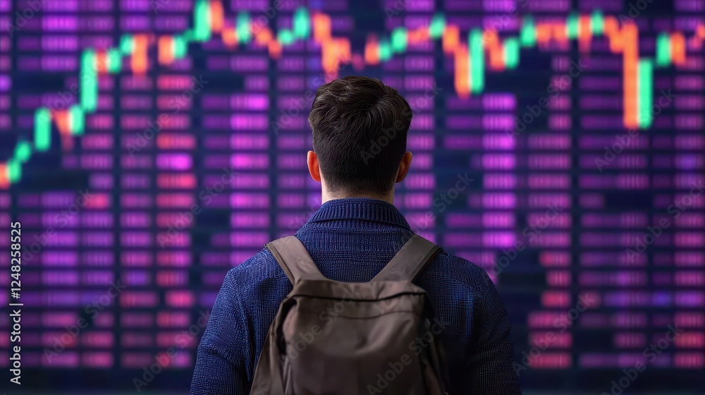 Poster A person observes a vibrant stock market graph, filled with colorful data points and trends, emphasizing the dynamic nature of trading.