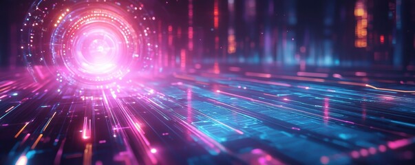 Obraz premium A vibrant, futuristic tunnel of light and data streams, showcasing a blend of colors and digital patterns, representing technology and innovation.