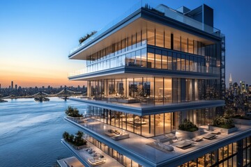 Fototapeta premium Luxury high rise condominium featuring glass walls overlooking city views