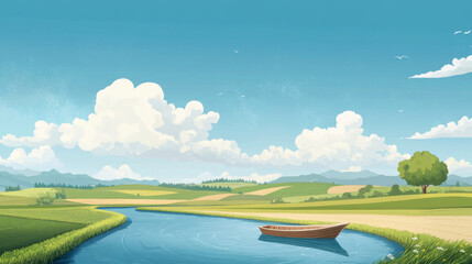 serene summer day in anime style with wooden boat on calm river, surrounded by lush green fields and clear blue sky with fluffy clouds