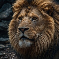 Fototapeta premium male lion portrait A close-up portrait of a lion with piercing amber eyes, its thick mane detailed with individual strands of fur, set against a dark and moody background