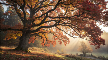 Fototapeta premium Majestic autumn tree with vibrant leaves and soft sunlight filtering through
