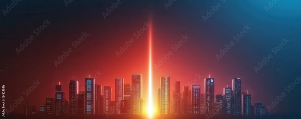 Poster a vibrant city skyline at dusk, highlighted by a striking beam of light piercing the sky, creating a