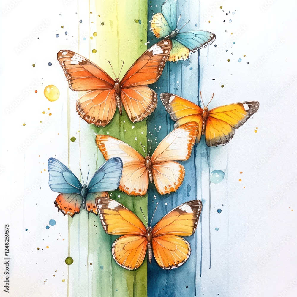 Poster Vibrant Watercolor Butterflies Displaying Colorful Patterns and Natural Beauty on a Soft Background