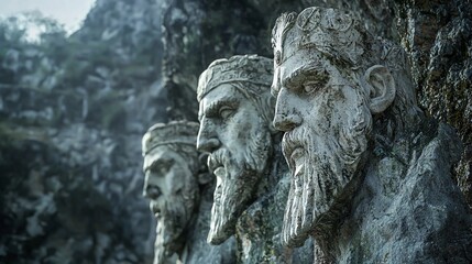 Fototapeta premium Stone sculptures of ancient kings carved into a rocky cliff face in a misty landscape during early morning light
