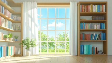 sunlit living room with classic bookshelf and large window, showcasing serene view of nature. room features wooden floors, white curtains, and vibrant books, creating peaceful atmosphere