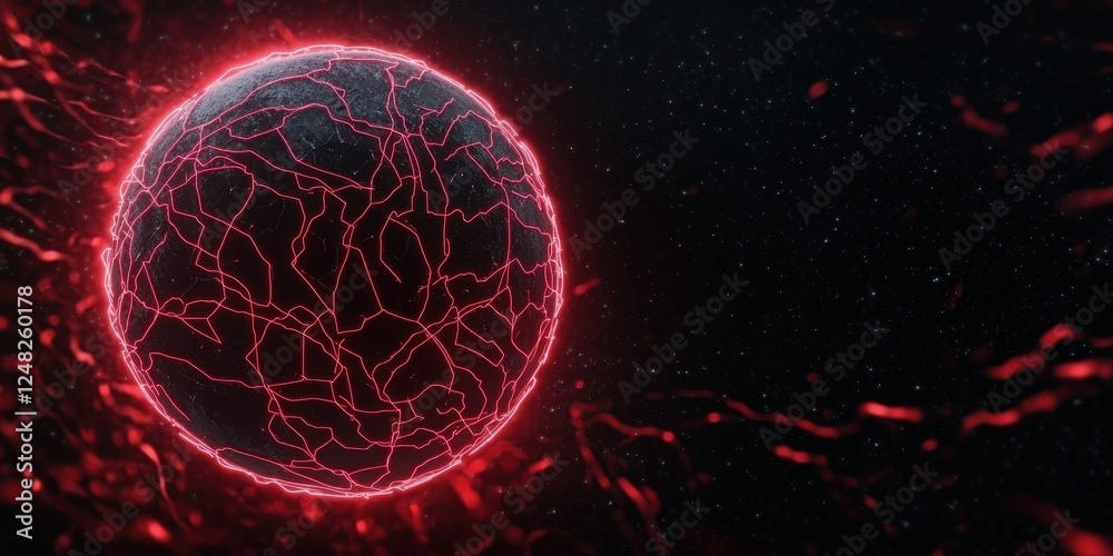 Poster a glowing, red spherical object surrounded by intricate lines, set against a dark background, evokin